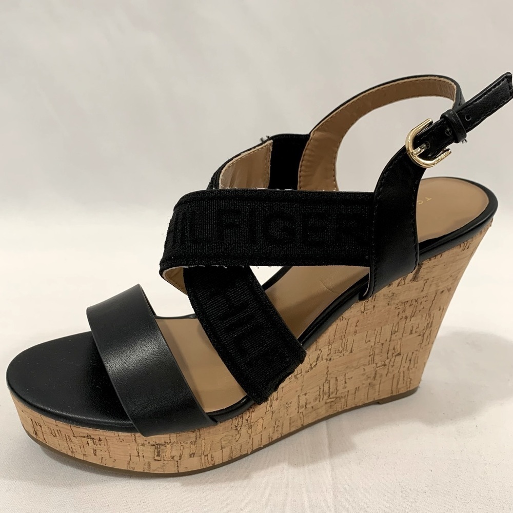 TOMMY HILFIGER Kenzo Cork Wedge Logo Platform Black Sandals Size 7